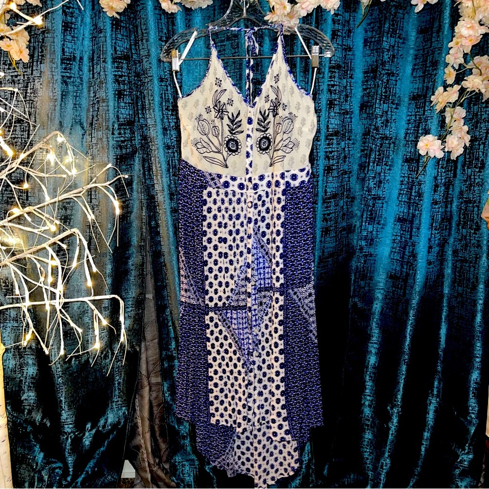Patrons of Peace Blue & White Patchwork & Embroidered Halter Dress, Sz XL